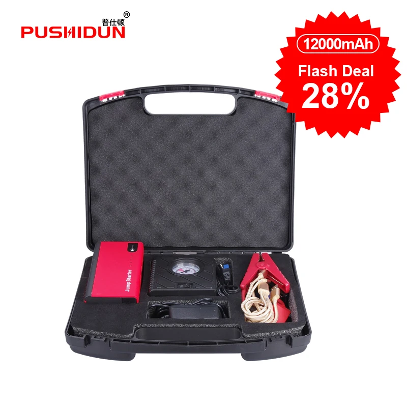 

Pushidun jump starter 12V 12000mAh Emergency Power Bank Car Battery with Smart Cable + Air Compressor Booster Diesel Petrol