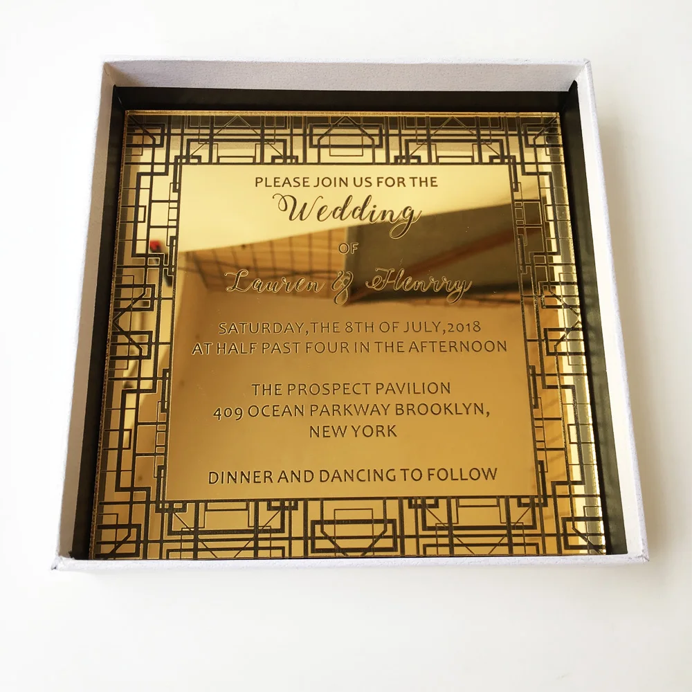  Luxury Square Shape 150x150mm Engraved Golden Mirror Acrylic Wedding Invitation Card 100 Sets Per L - 32830675847