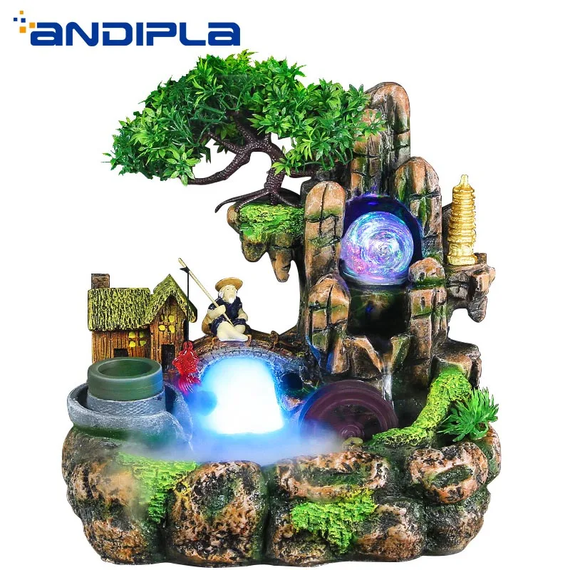 

110V-220V Creative Resin Rockery Flowing Water Fountain Lucky Feng Shui Wheel Office Desktop Ornaments Home Decoration Fish Tank