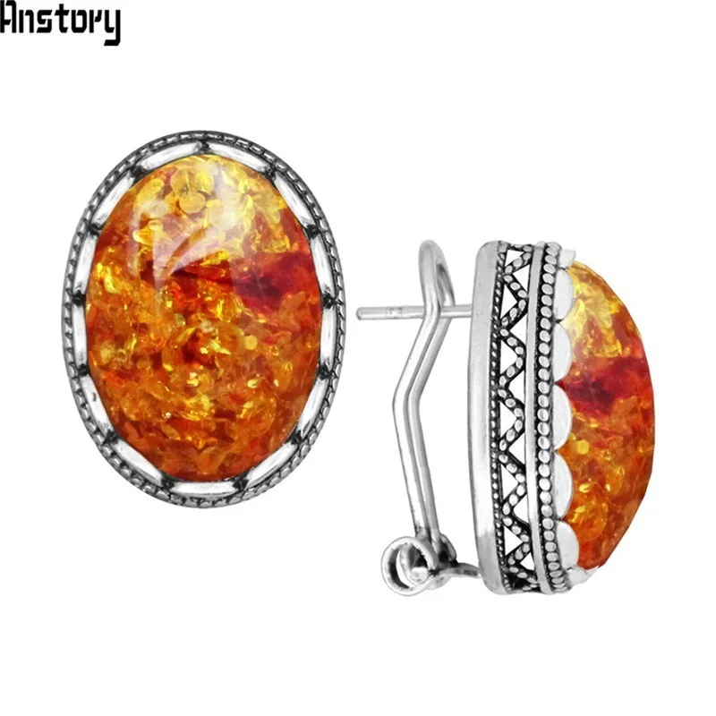

Oval Simulated Ambers And Beeswaxs Cuff Stud Earrings For Woman Double Layer Vintage Antique Sliver Plated Fashion Jewelry