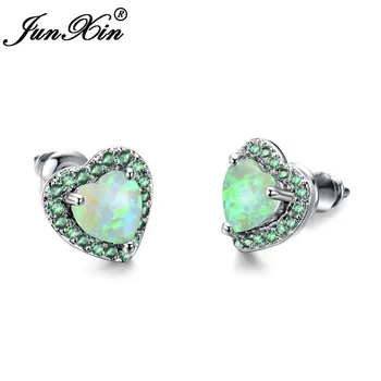 

JUNXIN Full Stone Rainbow Fire Opal Heart Stud Earrings For Women Silver Color Green Zircon Birthstone Earrings