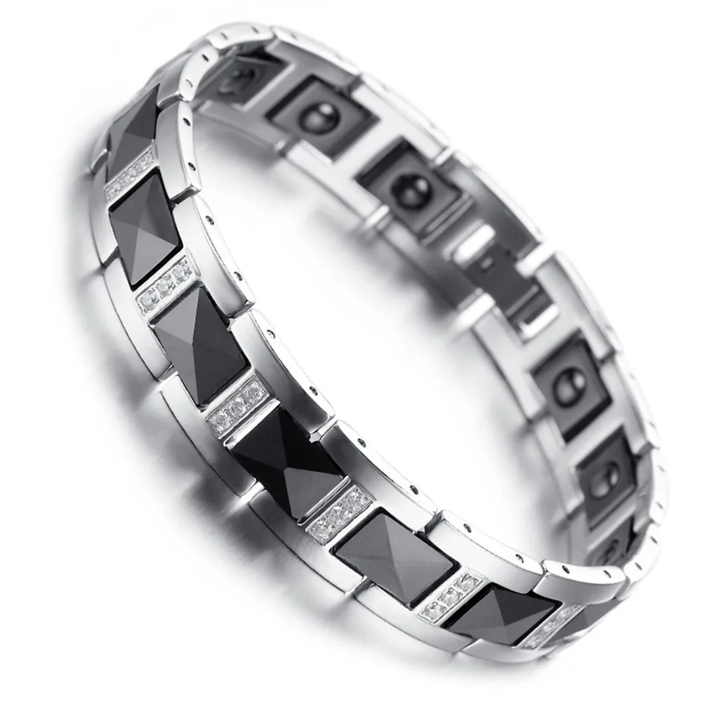 Mens Tungsten Bracelet, Black & Silver, Crystal Wristband