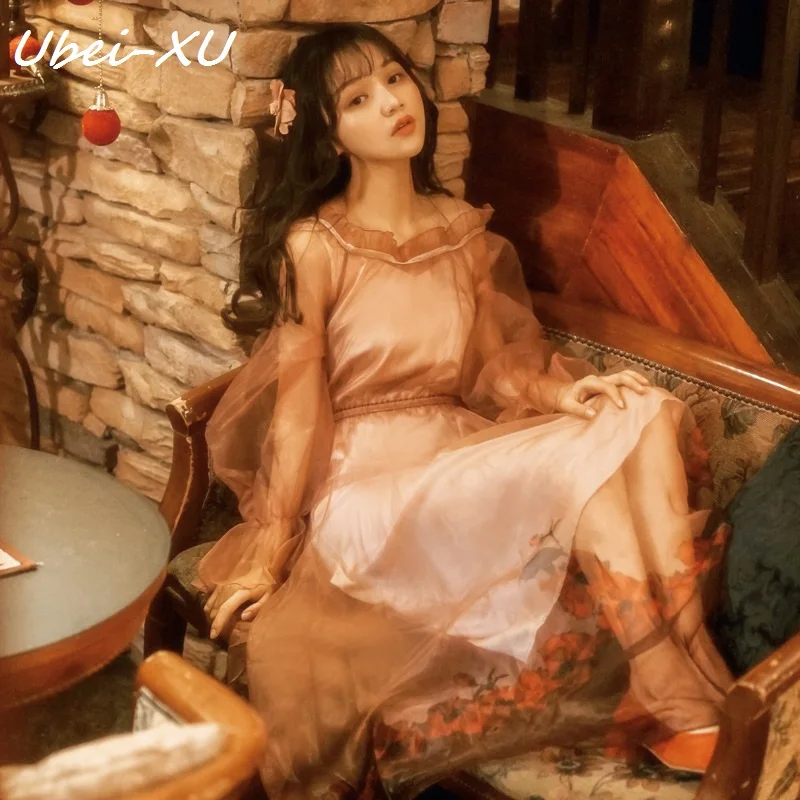 

Ubei New vintage hand-painted two-piece dress rose print one-shoulder neckline flared sleeve long dress set with base braces