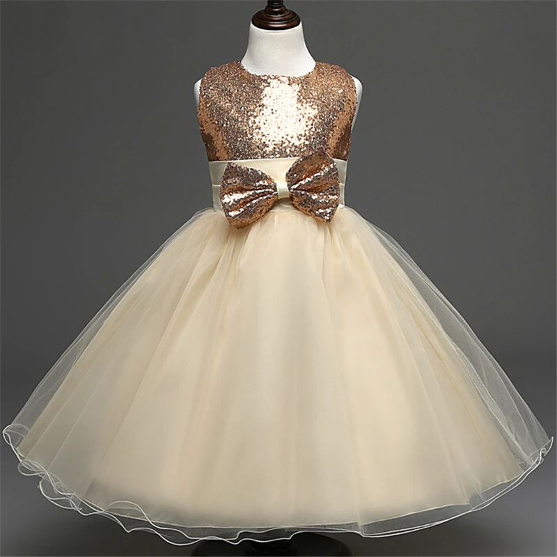 

Children's Prom Sash bow Wedding 2 to 10 Years Girls Sequins Champagne Flower Girls Dress