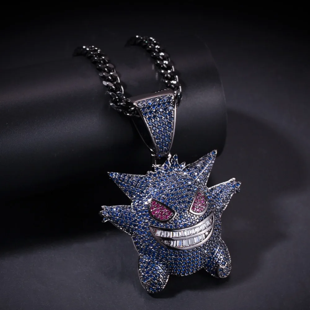 Синий AAA CZ циркон проложили Bling Ice Out маска покемона Gengar кулон ожерелье для мужчин хип хоп рэппер ювелирные изделия с 5*700 мм кубинская цепь