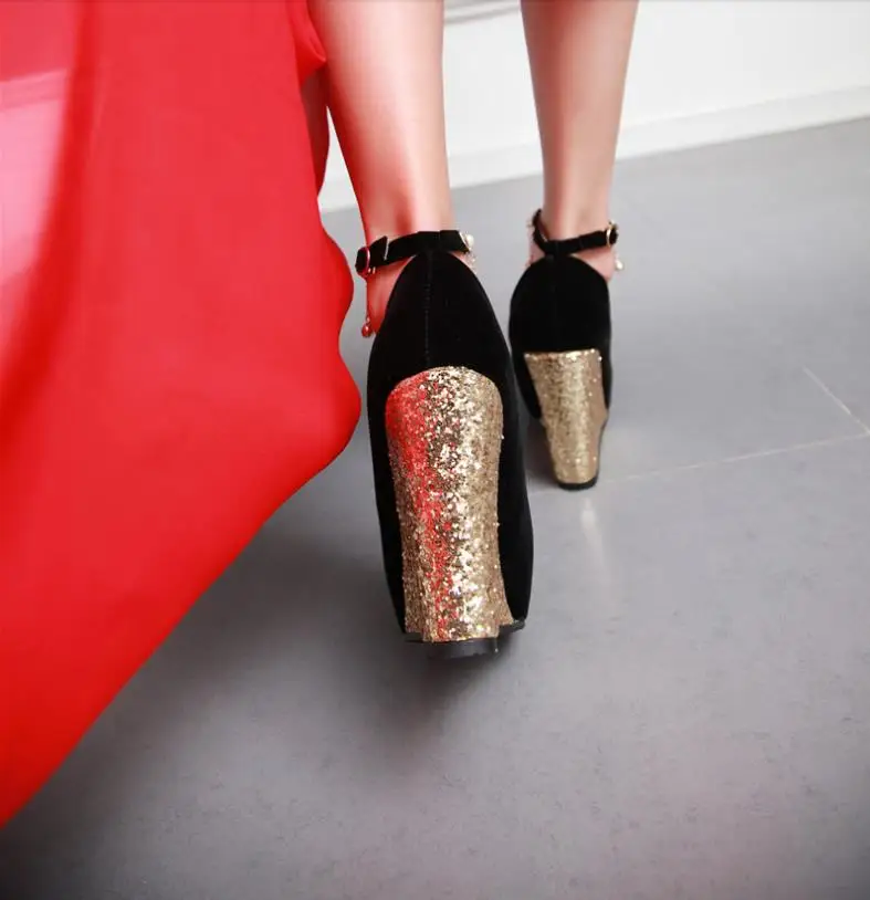 White wedding shoe slope and water drill red wedding word buckle waterproof platform super high heels
