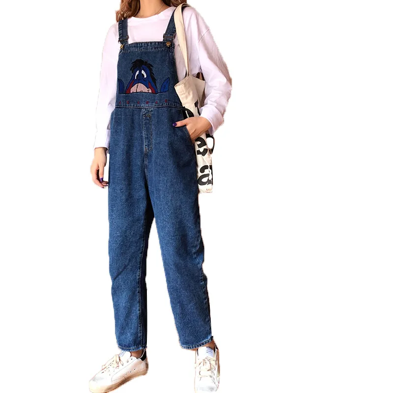 Японский комбинезон kawaii женские джинсовые комбинезоны с карманами свободные джинсы синего цвета с принтом длинные брюки для девочек колледжа