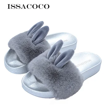 

ISSACOCO Women Flat Solid Furry Slippers Real Rabbit Fur Slippers Non-slip Plush Fashion Slippers Fluffy Flock Indoor Slippers