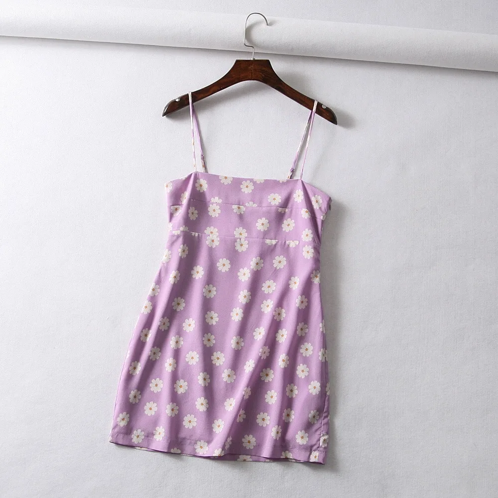 Винтажное облегающее мини-платье с цветочным принтом, женское летнее пляжное платье, сексуальное платье на бретельках с открытыми плечами, корейское платье vestidos - Цвет: purple flower