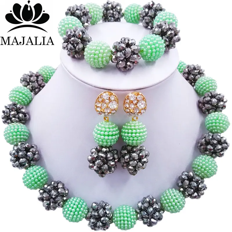

Majalia Fashion Nigeria Wedding African Beads Jewelry Set Silver Crystal Plastic Pearl Necklace Bridal Jewelry Sets 1ZS031