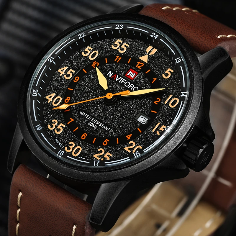 Новинка NAVIFORCE роскошный бренд кожаный ремешок аналоговые Мужские кварцевые часы