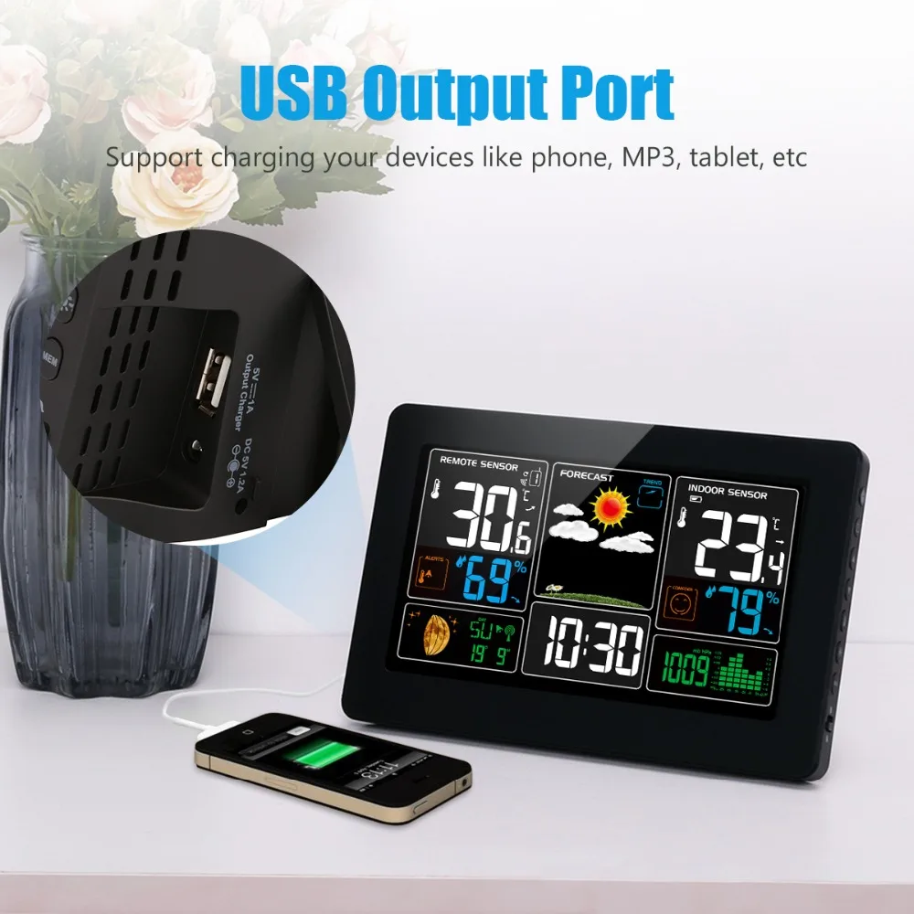 Beste Draadloze Kleur Weerstation Lcd scherm Wekker Met Outdoor Indoor Temperatuur Vochtigheid Digitale Weersverwachting