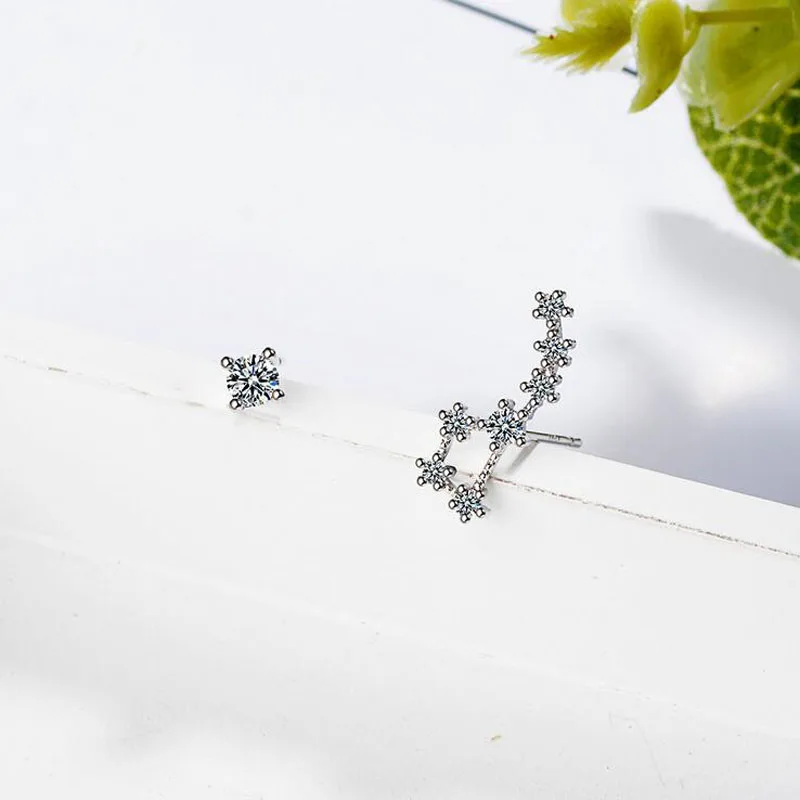 925 пробы серебро Созвездие асимметричные серьги-гвоздики в форме к требованиям заказчика; сверкающие; циркония настоящие серебряные серьги в виде звезды Большой Медведицы серьги-клаймберы развертки