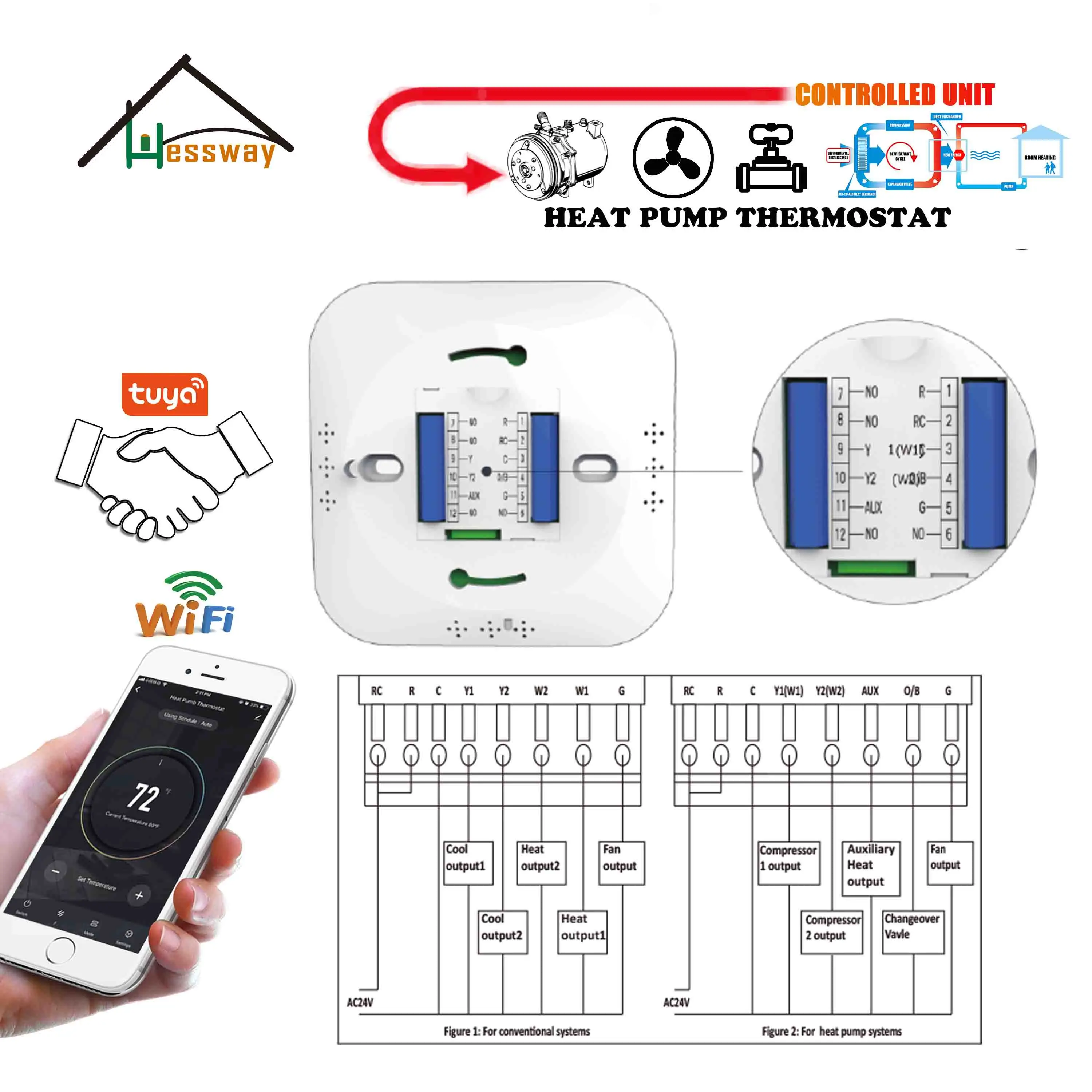 HESSWAY heat controller heat pump thermostat for WIFI Air energy Heating& Cooling compressor Relay
