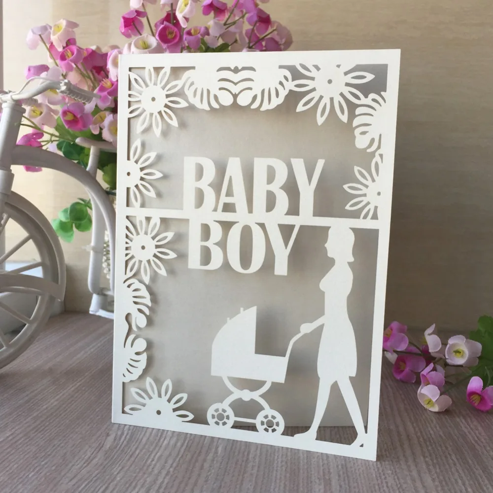100pcs/lot Creative Laser Cut Baby Carriage Pattern Shower Invitations Birthday Party Decorations Gender Reveal | Дом и сад