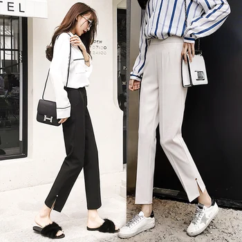 

Solid Flat Capris Women Pants Casual High Waist Pencil Pant Elegant Side Split Work Trouser Female Pantalon Femme