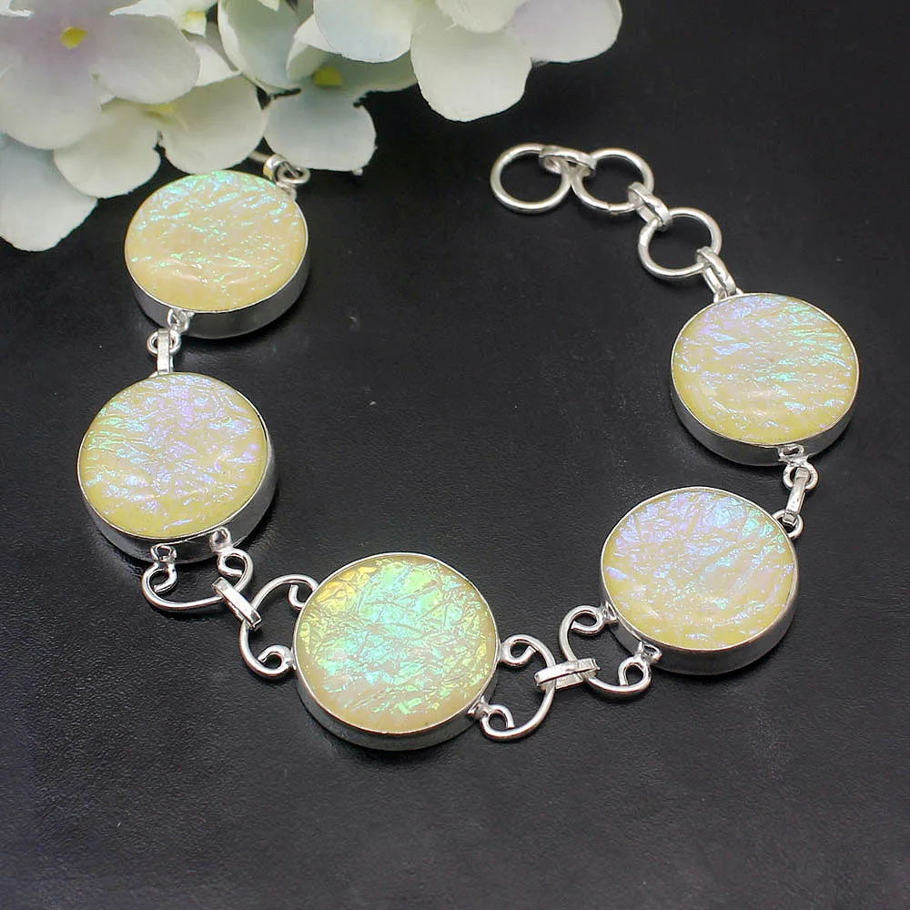

Rare Stylish Yellow Dichroic Glass Lovely Hot Sale 925 Sterling Silver Women Links Chain Bracelets 9 Inch H182