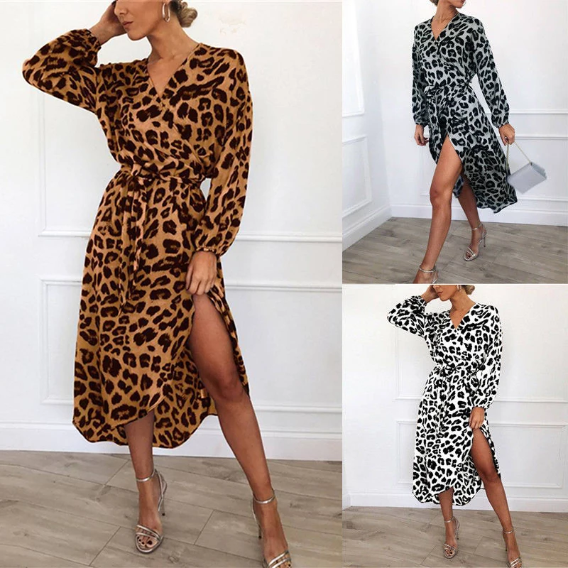 Leopard Print Dress Woman Autumn Long Sleeve Sexy V-Neck Dresses Casual Elegant Dresses Vestidos Office Lady High Split Dress