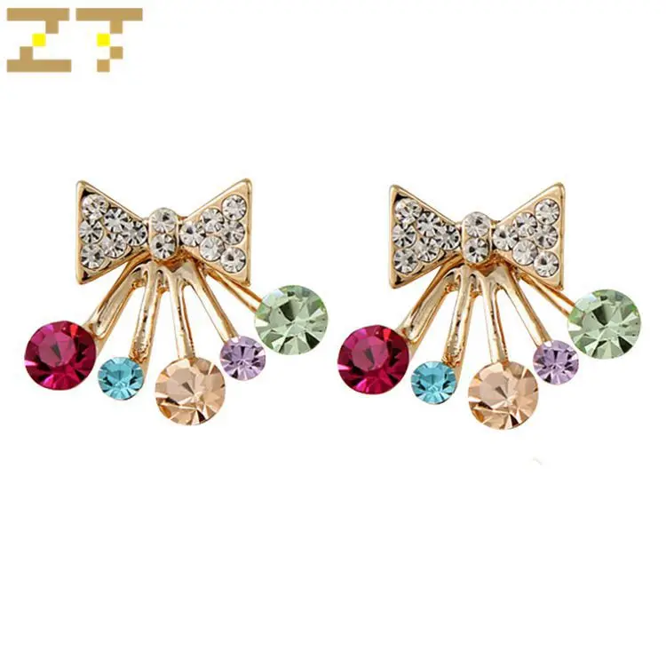 

Hot Fashion Hypoallergenic Needle Front & Back Post-hanging White Bowknot Colorful Hollow Fan Crystal Stud Earrings for Women