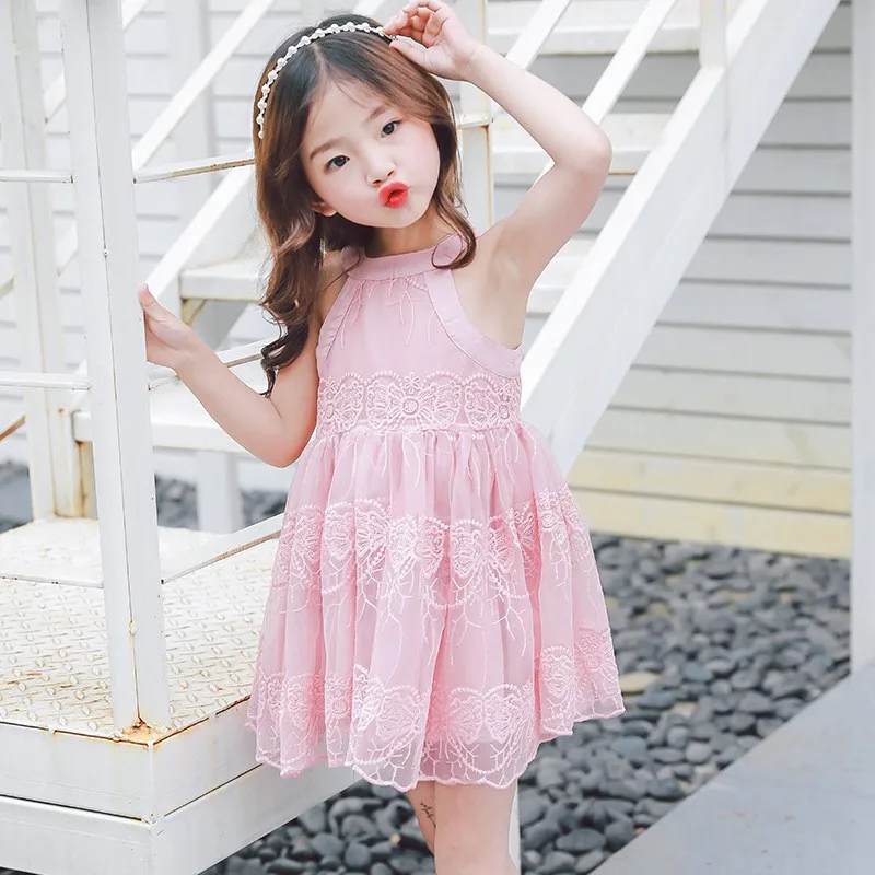 

2-7Y Children Baby Summer Girls Cotton Cute Solid Color Lace Stitching Bottoming Sleeveless Sweet Casual Princess Dress