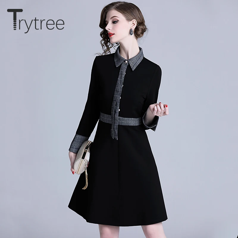 Trytree осеннее платье повседневное ТРАПЕЦИЕВИДНОЕ женское черное рубашка