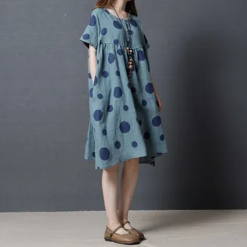 

Women Linen Dress Plus Size 2018 New Summer Polka Dot Vintage Batwing Sleeve Female Loose Big Large Oversized Dress