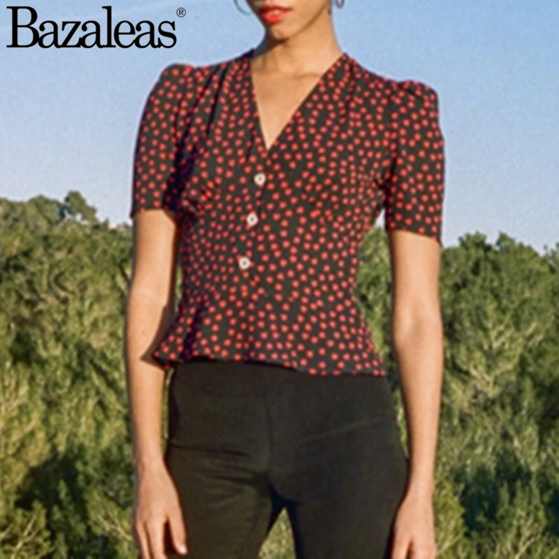 

2018 red Polka Dot Blouse buttons front v Neck print seams waist blouses