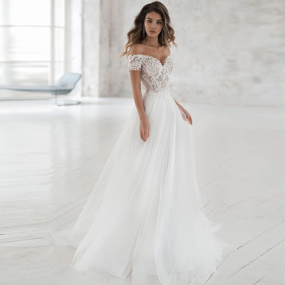 

Elegant Off-shoulder Bohemian Wedding Dresses 2019 Custom Made Soft Tulle A-line Lace Bridal Gown Vestidos de Novia