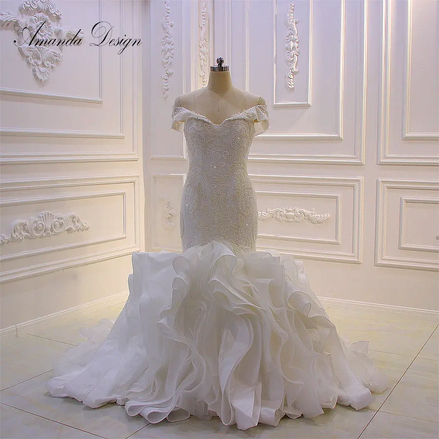 

Amanda Design bruidsjurken Off Shoulder Lace Applique Pearls Tiered Pleat Mermaid Wedding Dress