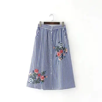 

2017 New Women Vintage Flower Embroidery Striped Casual Skirt lady fashion vestidos Buttons Pocket loose slim Skirt QUN013