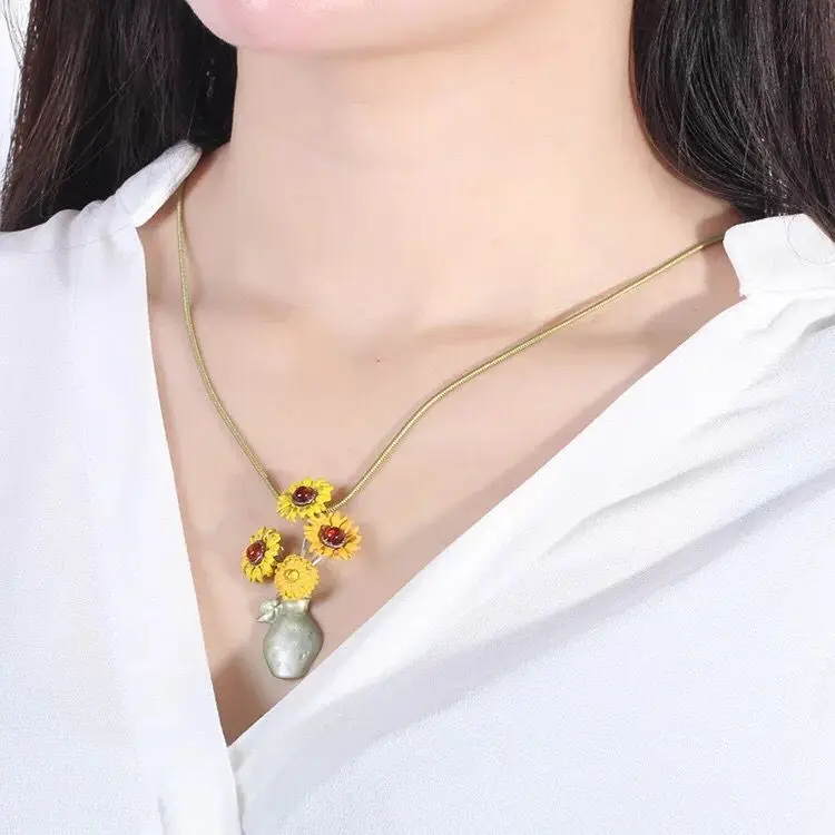 Amybaby высокое качество Ван Гог Подсолнух женские Винтажные висячие серьги ожерелье Эмаль Глазурь ювелирные изделия
