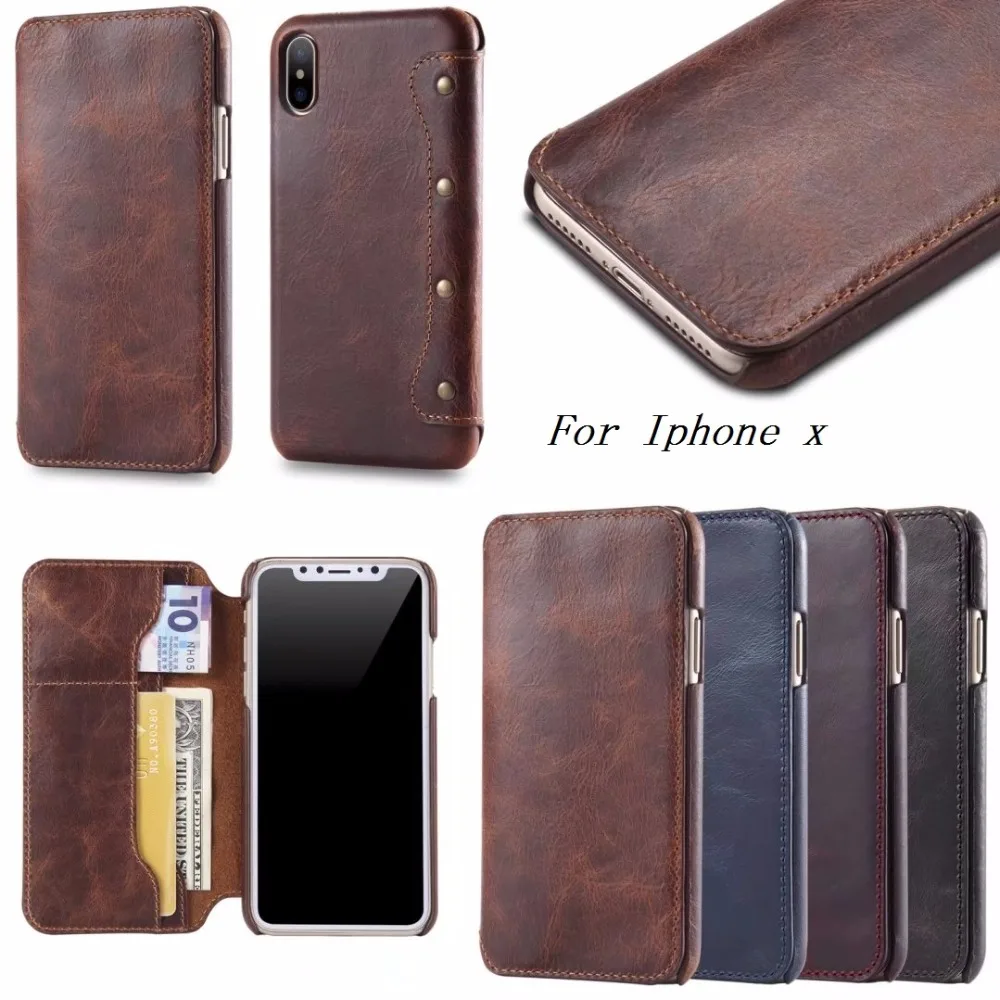 4 Colors New Real Cow Skin Business Cover for iphoneX Luxury Flip Genuine Leather Cowhide Wallet Case iphone X 5.8'' Oil Wax |