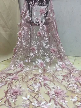 

French Lace Fabrics pink High Quality African Net Lace With Soft 3D Flowers beads sequins Nigeria Tulle Mesh Wedding Dress