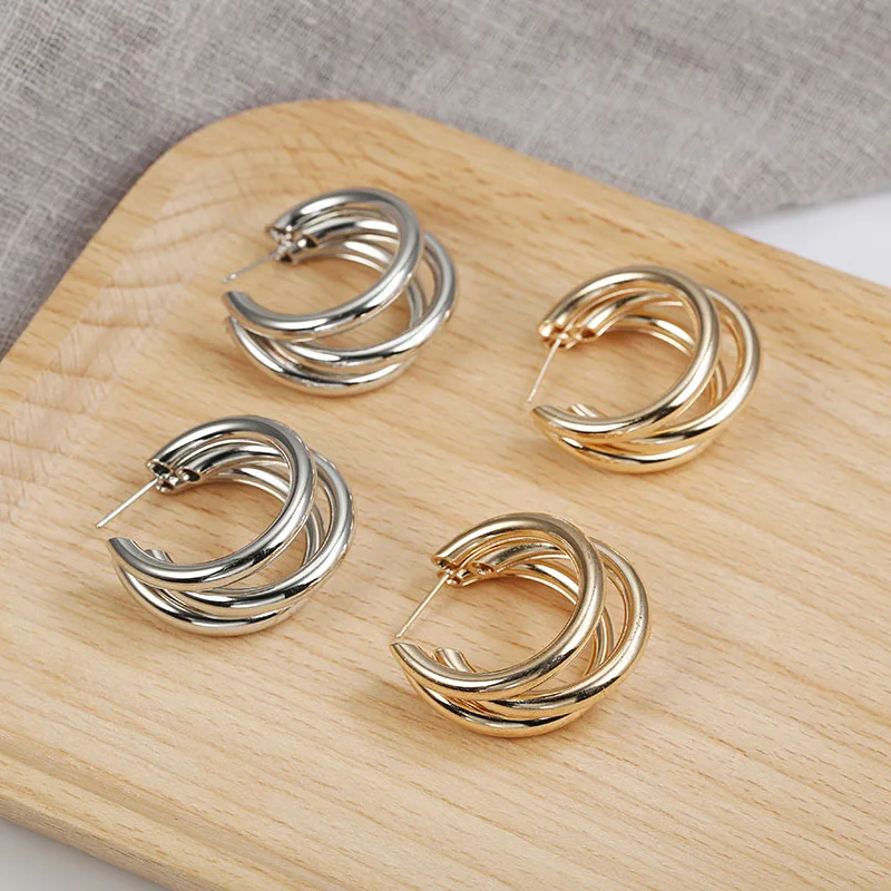Элегантные металлические серьги-кольца, 3 круга, женские, новинка, винтажные, золотые, круглые, корейские, массивные серьги, аксессуары