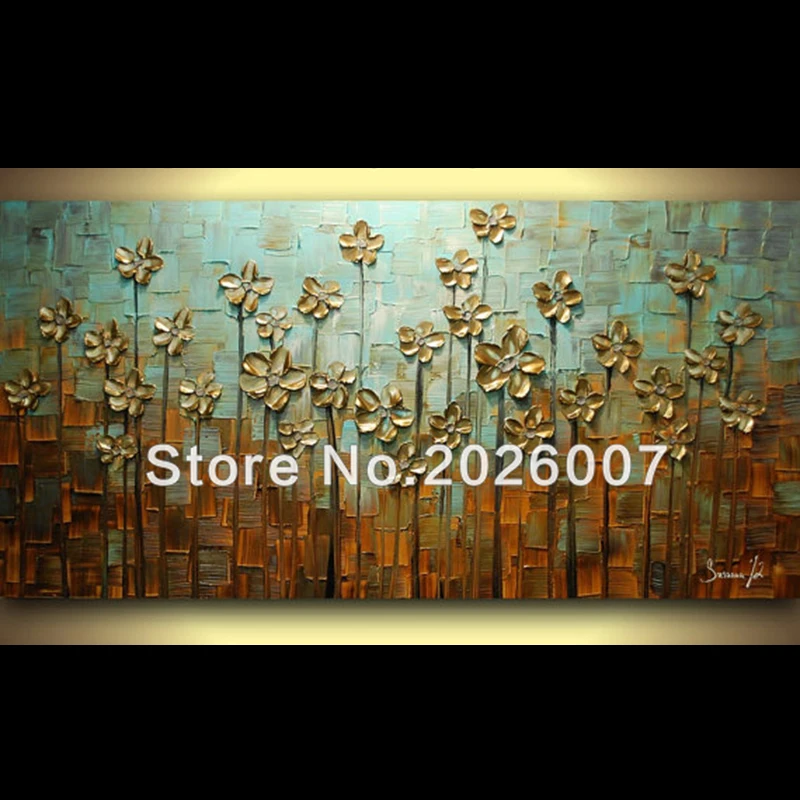 

Hand Paited Wall Art Textured Gold Daisy Flowers Oil Painting Decor On Canvas Red Greens Thick Palette Knife Painting Abstract