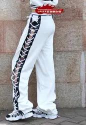 Взрослых джоггеры черный, белый цвет Треники сбоку бантом костюмы практика свободные сексуальные повязки шаровары Хип-хоп штаны для танцев