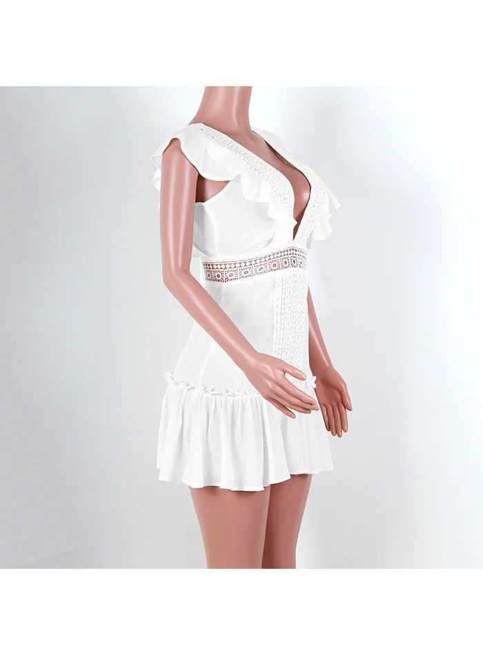 Гофрированное Плиссированное шифоновое женское летнее платье сексуальное свободное короткое платье с v-образным вырезом на шнуровке с высокой талией мини-платья для женщин