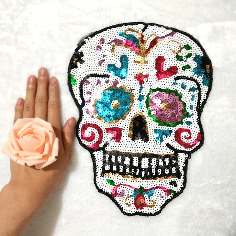 

New large sequins skull patch DIY clothes patches for clothing Sew-on embroidered motif beaded applique deal with military punk