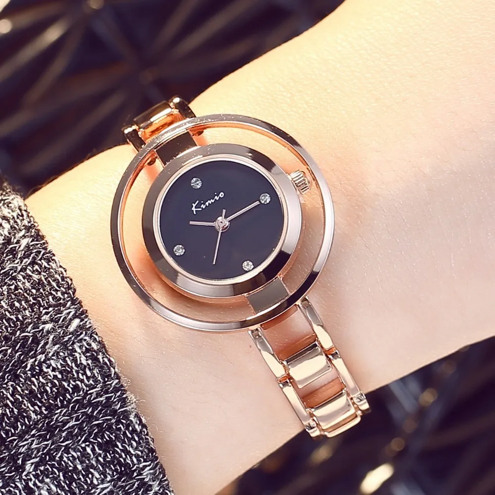 

KIMIO Double Ring dial Diamond Scale Jewelry Bracelet Fashion Womens Watches Top Brand 2018 Rose Gold Wrist Watches For Women