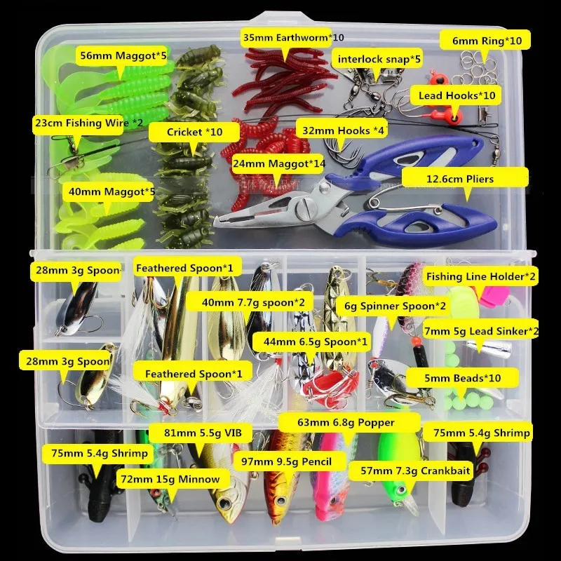 Price 101pcs Lure Kit Set Spinner Crankbait Minnow Popper VIB Soft Hard Spoon Crank Baits Fishing Hooks Fishing Tackle Box Accessories