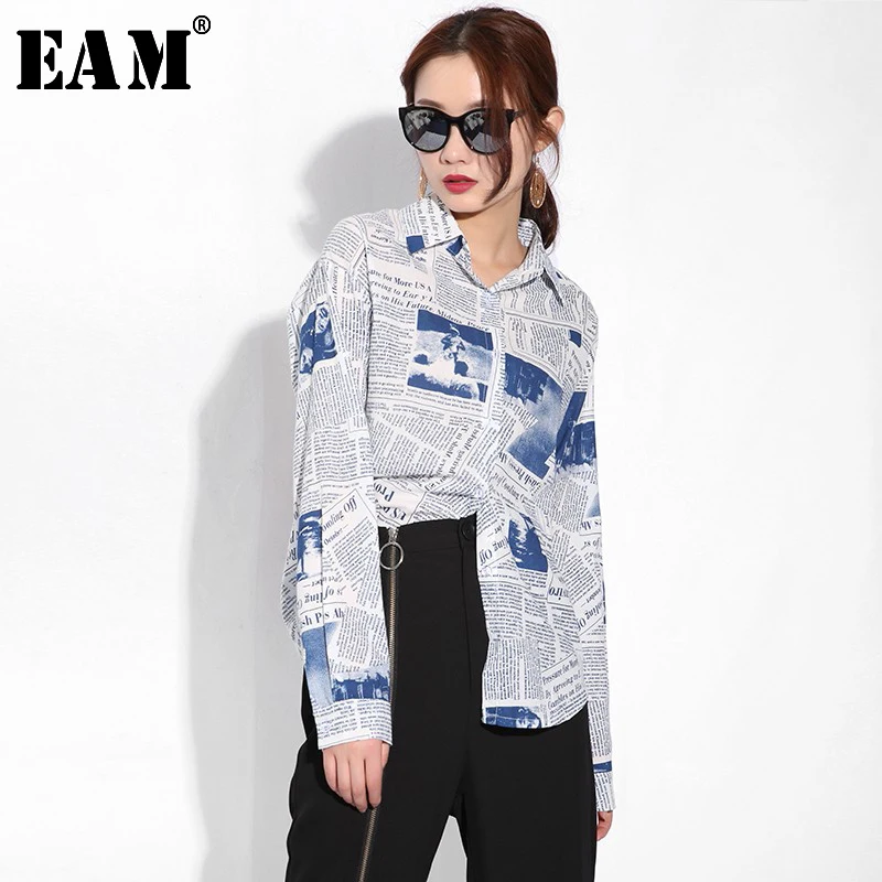 

[EAM] 2019 New Autumn Winter Lapel Long Sleeve Pattern Printed Loose Big Size Personality Shirt Women Blouse Fashion Tide BZ001