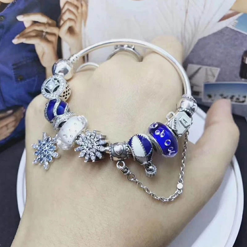 Женский браслет цепочка со снежинкой из 100% серебра 925 пробы Зимняя коллекция