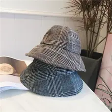 Зимняя теплая складная шляпа-ведро с рисунком «гусиная лапка» для женщин, широкие шляпы в клетку для рыбаков, широкополая Солнцезащитная шляпа, твердые крышки