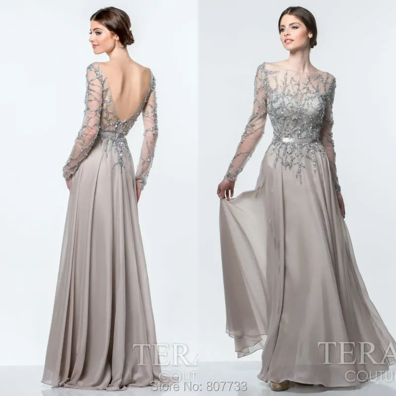 silver grey long evening dress