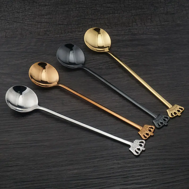 

Crown Stainless Steel Coffee Spoon Ladle Dessert Honey Long Handle Tea Spoons Kitchen Tools E2S