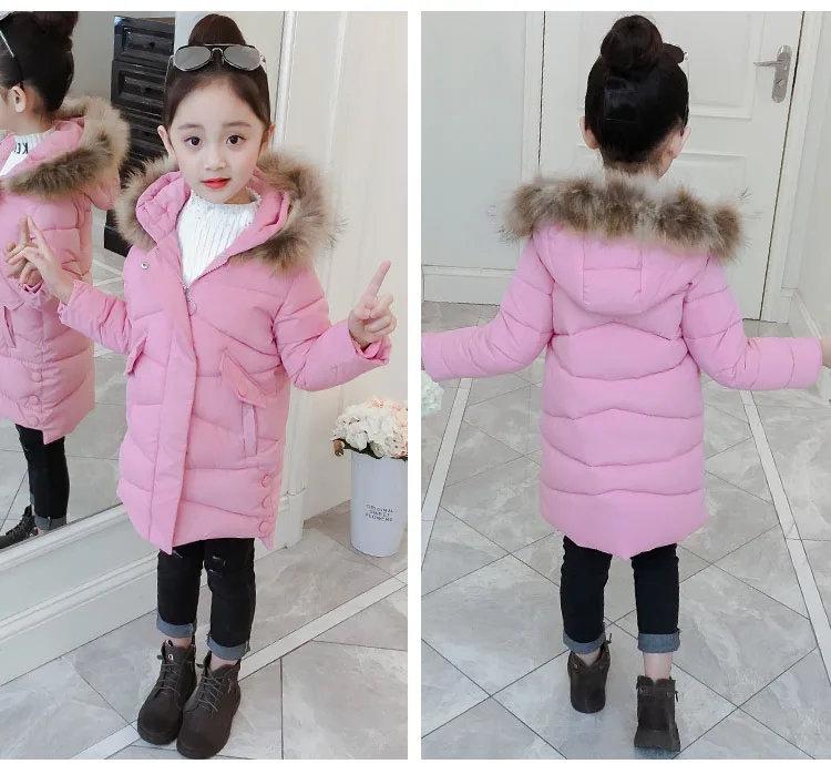 New 2018 Children Outwear Tops Winter Jacket For Girls Fashion Fur Hooded Thick Cotton-Padded Kids Long Coat Solid Parka Clothes (18)