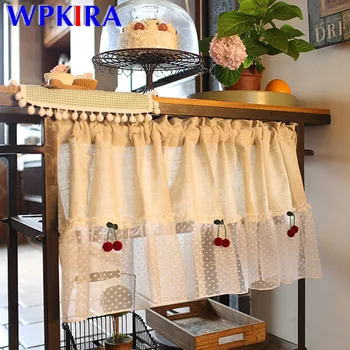 

1 PCS Rod Pocket Cherry Lace Half Curtain Living Room Divided Beige Linen Short Curtain Kitchen Cabinet Cafe Drapes Home QT048D3