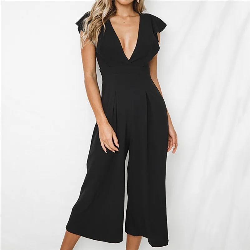 Fashion summer jumpsuit woman 2018 Sexy Deep-V Rompers Solid Short Sleeve Ruffles Long Jumpsuit pantaloni siamesi Y12#N (3)
