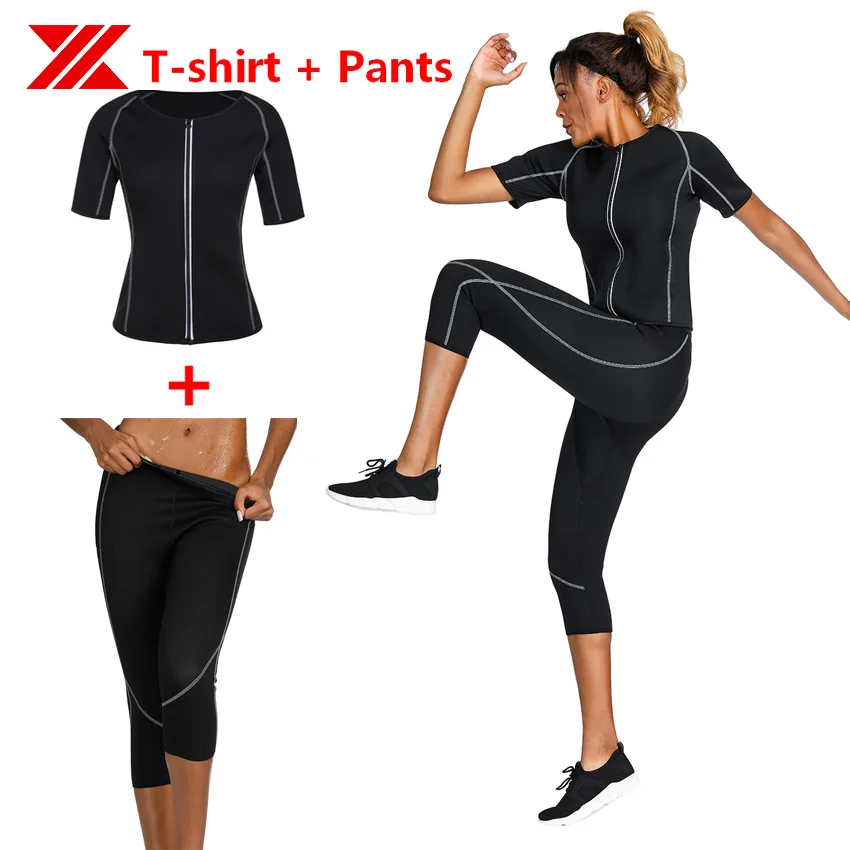 

HEXIN Women Sauna T-shirt Pants 2Pcs Per Set Body Shapers Neoprene Sport Fat Burn Sweat Slimming Workout Sweating Waist Trainer