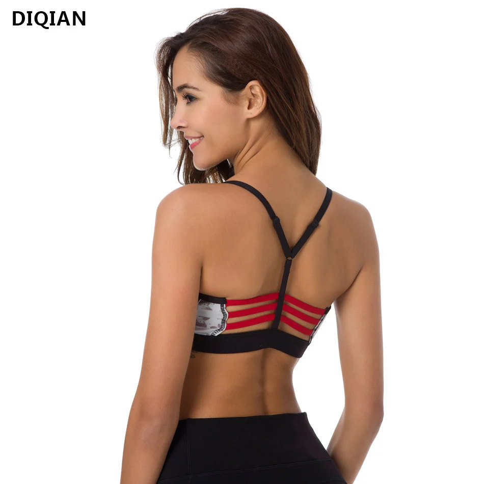 

Women Back Strappy Yoga Bra Grey Print Stripe Sports Bra With Removable Cups Yoga Running Bra Adjustable Sports Bra Activewear